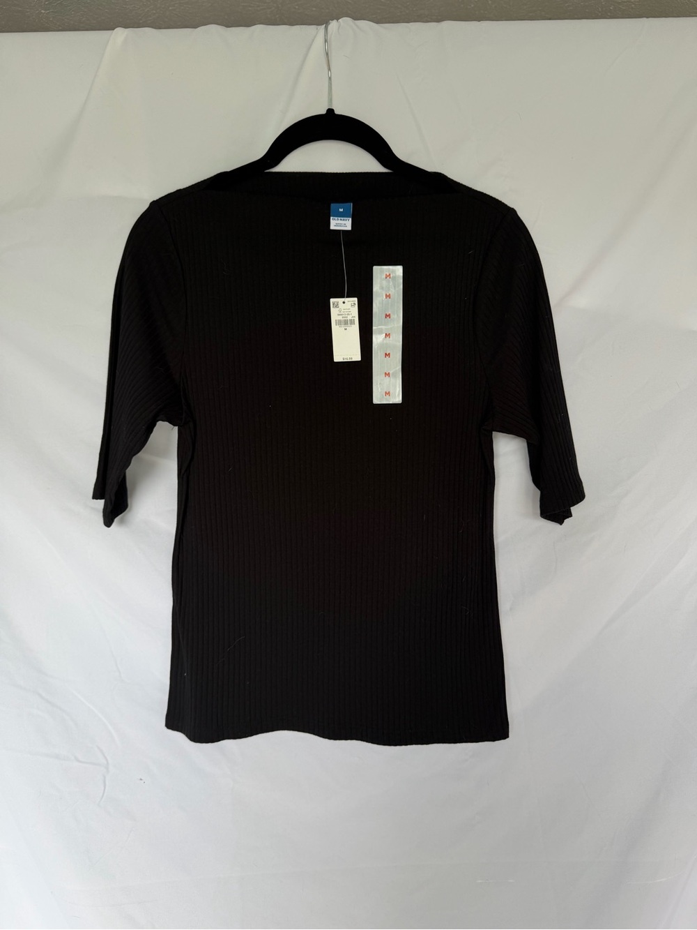 Old Navy Black Ribbed Boat Neck Elbow-Sleeve Tee